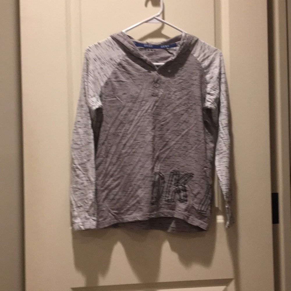 DKNY logo graphic 1/4 button down Pullover Hoodie top Long Sleeve Size L (14/16)